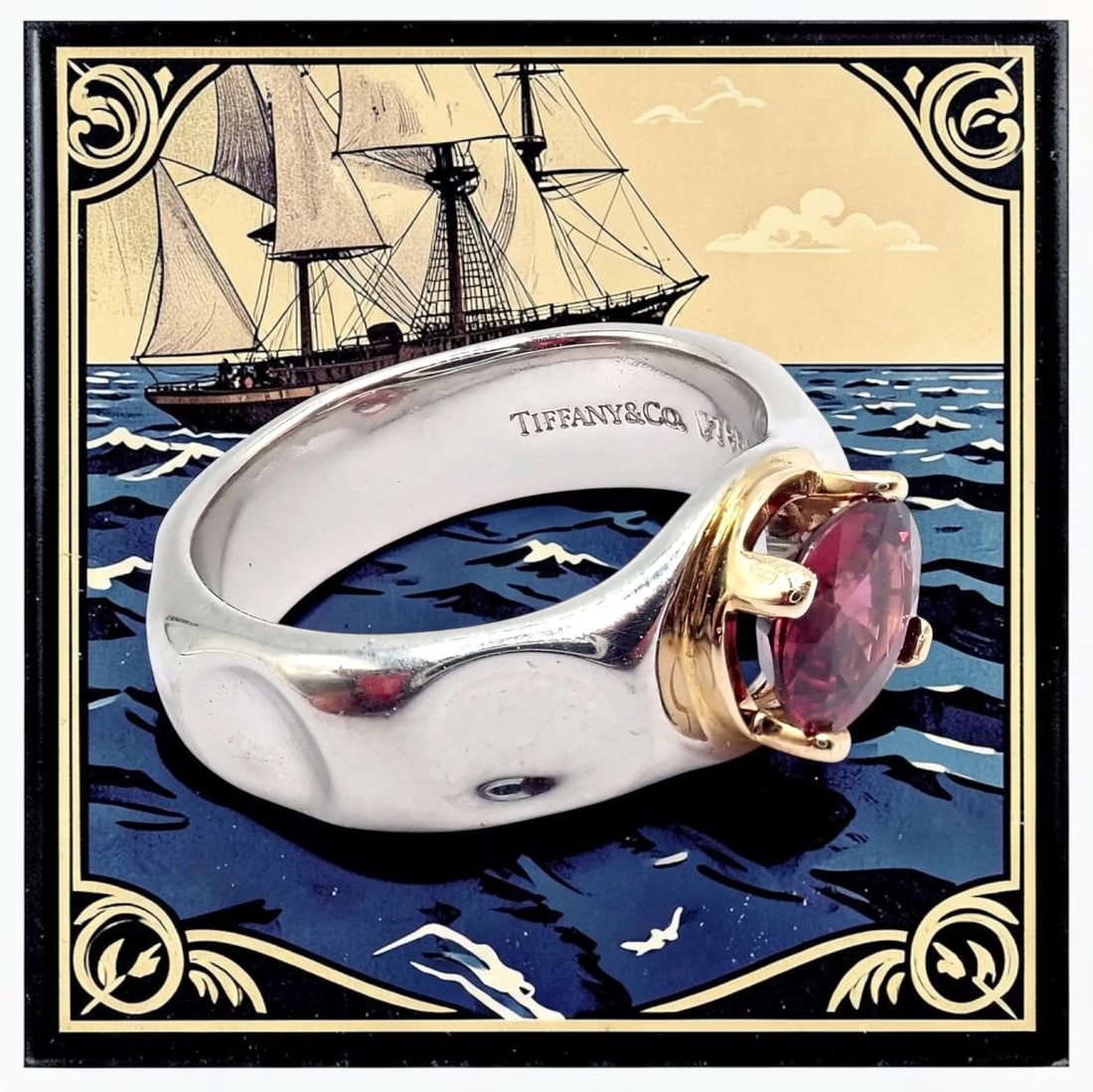 Tiffany & Co. Platinum 18k Yellow Gold Picasso Pink Tourmaline Groove Ring - 2