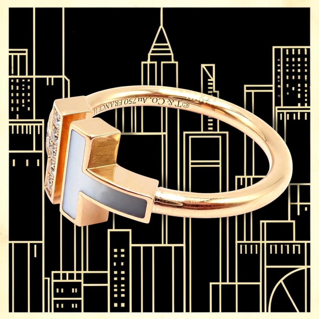 Authentic Tiffany & Co. 18k Yellow Gold Diamond Mother of Pearl T Wire Ring sz 6 - 2