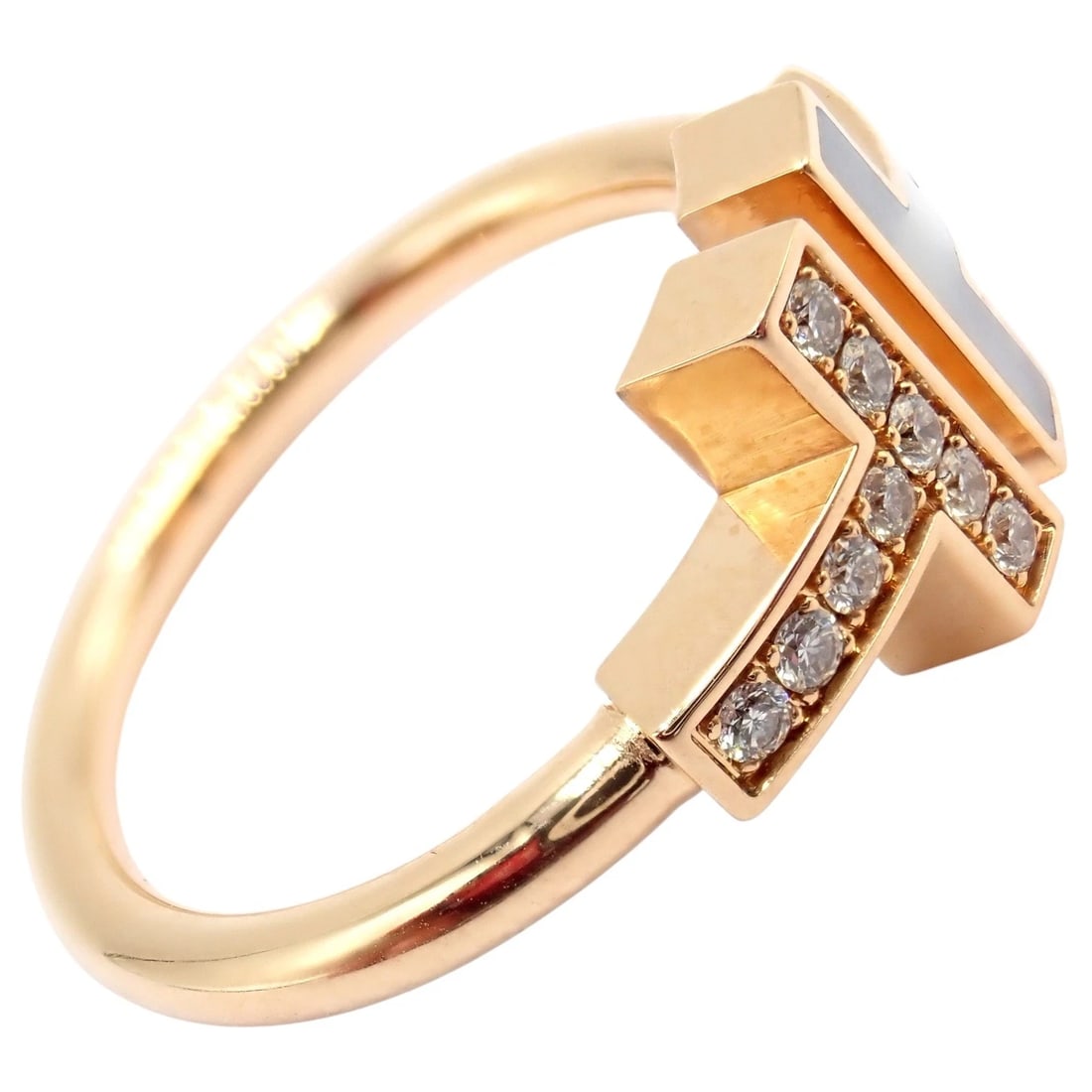 Authentic Tiffany & Co. 18k Yellow Gold Diamond Mother of Pearl T Wire Ring sz 6 - 6