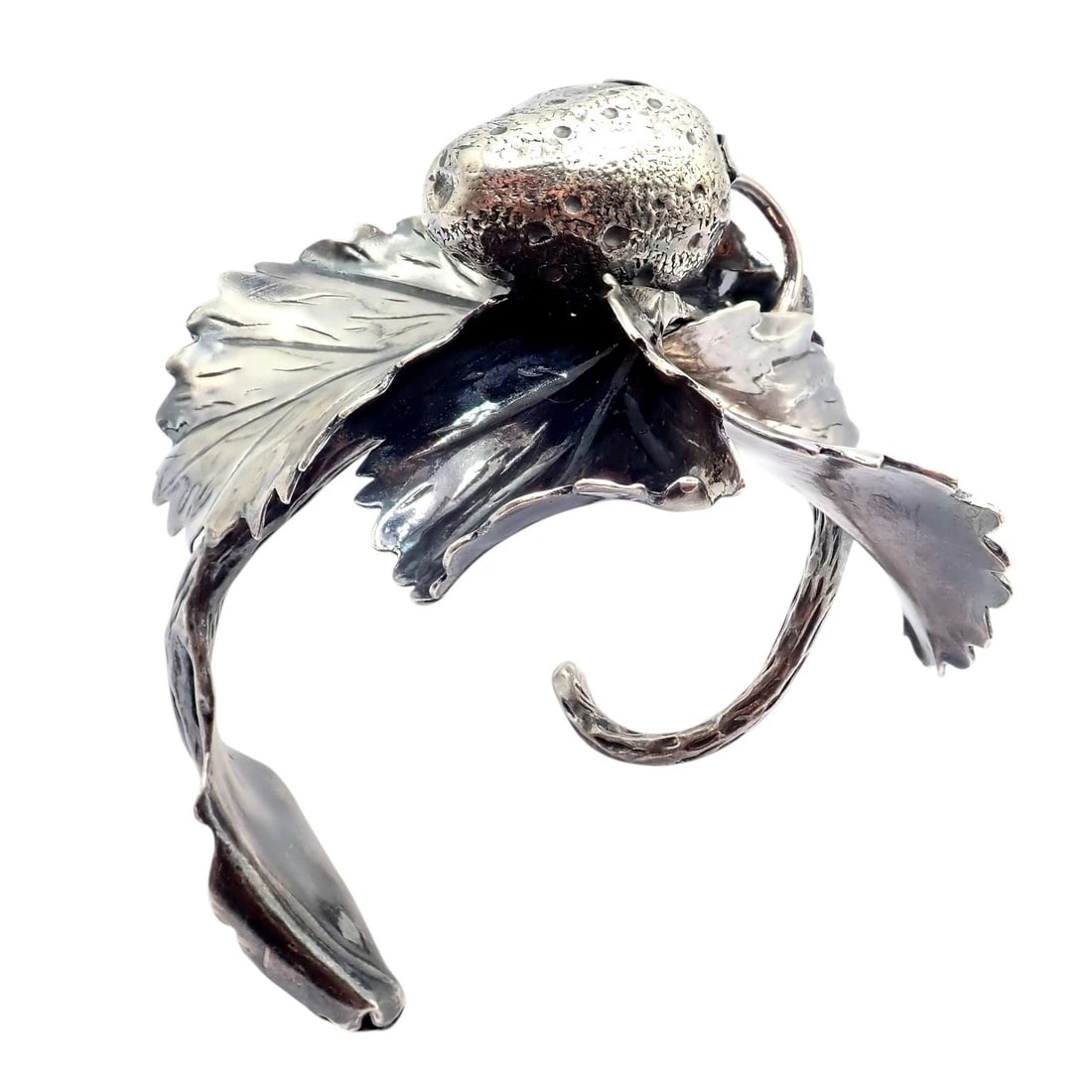 Rare! Vintage Mario Buccellati Silver Strawberry Leaf Branch Cuff Bracelet - 8
