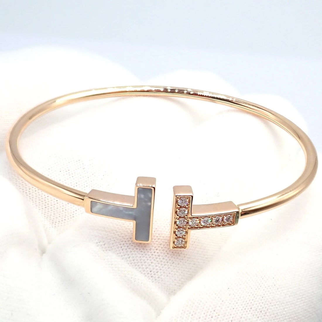 Authentic! Tiffany & Co 18k Yellow Gold Diamond T Wire Mother of Pearl Bracelet - 10