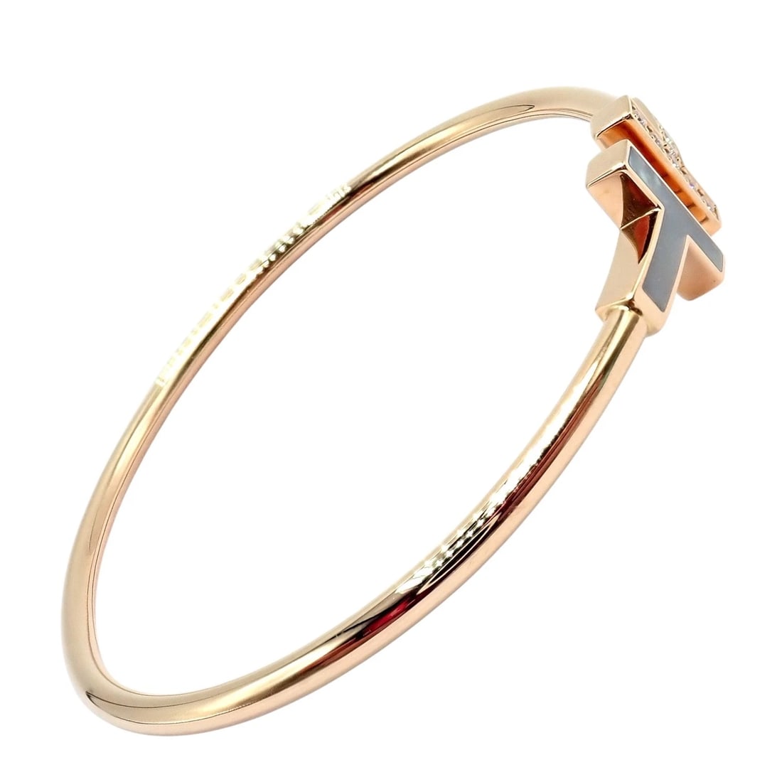 Authentic! Tiffany & Co 18k Yellow Gold Diamond T Wire Mother of Pearl Bracelet - 11