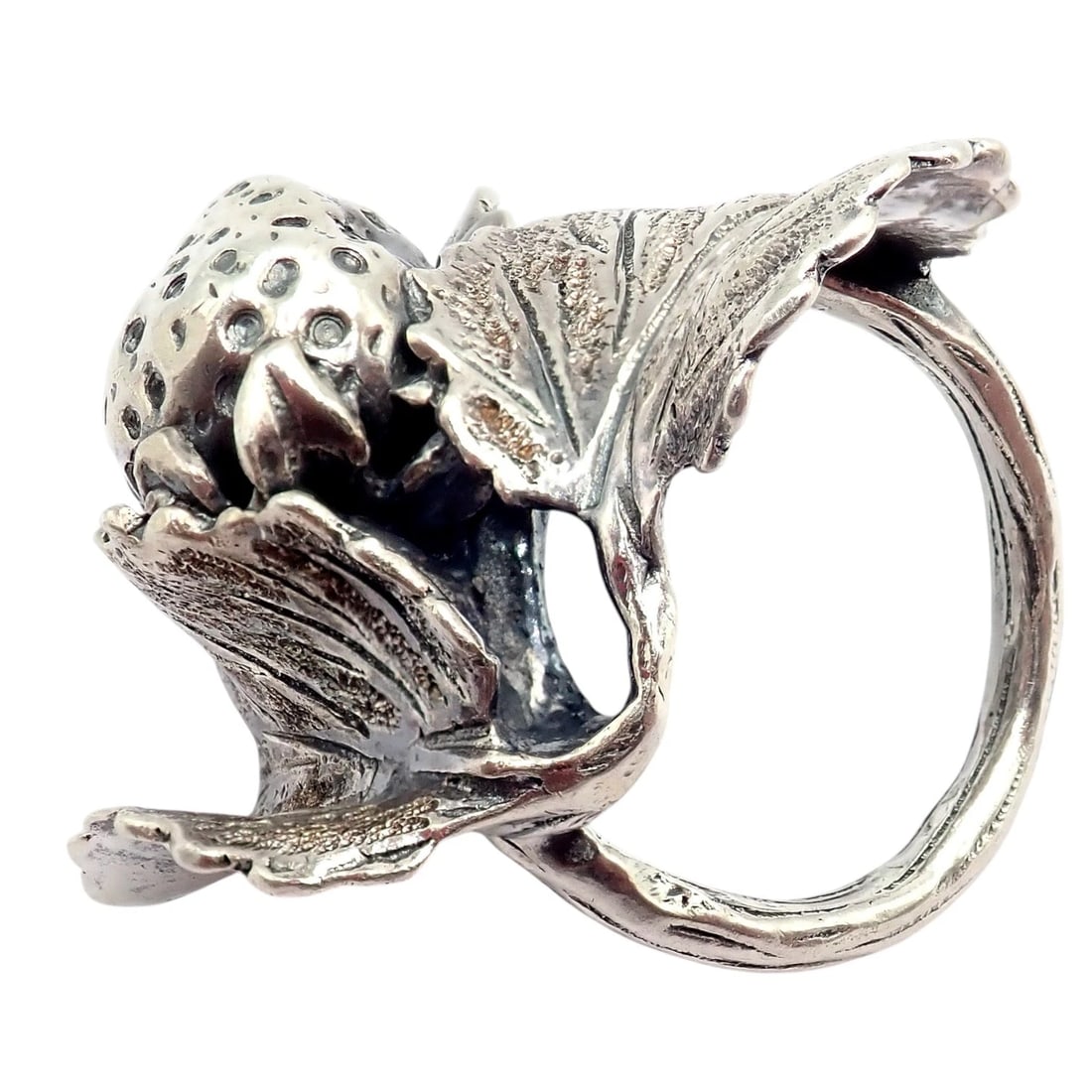 Rare! Vintage Mario Buccellati Silver Strawberry Leaf Branch Ring Sz 7 - 10