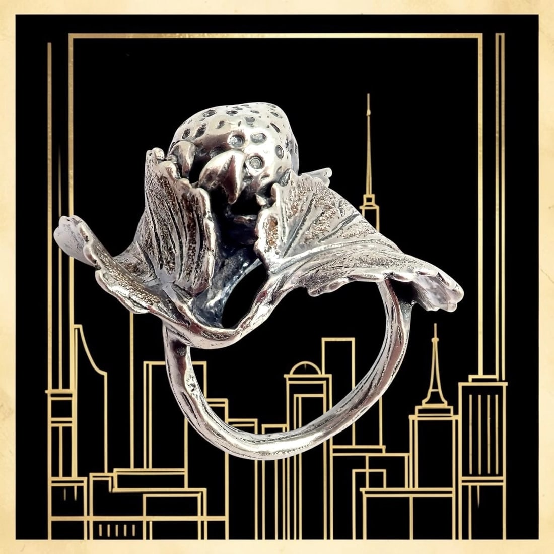 Rare! Vintage Mario Buccellati Silver Strawberry Leaf Branch Ring Sz 7 - 2