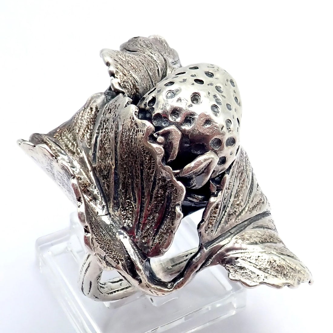 Rare! Vintage Mario Buccellati Silver Strawberry Leaf Branch Ring Sz 7 - 8