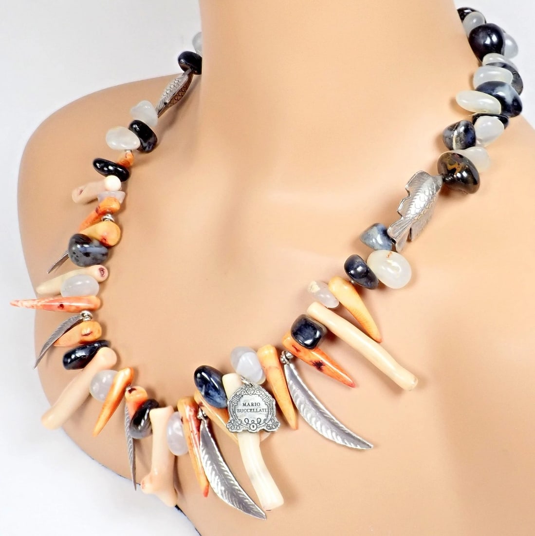 Rare! Mario Buccellati Free Time Silver Large Flying Fish Feather Coral Necklace - 5