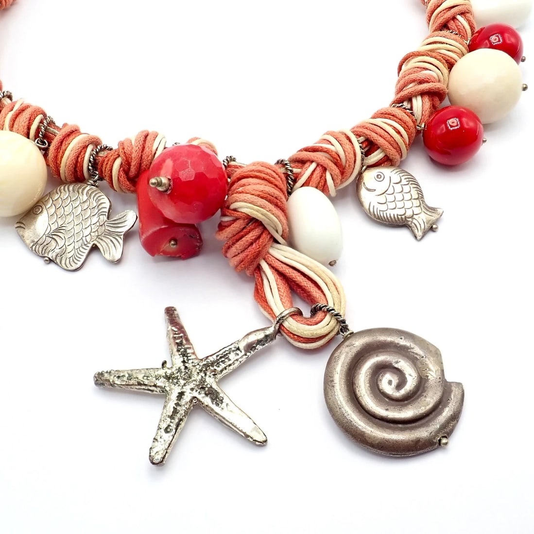 Rare! Vintage Mario Buccellati Free Time Silver Large Red Coral Fish Necklace - 10