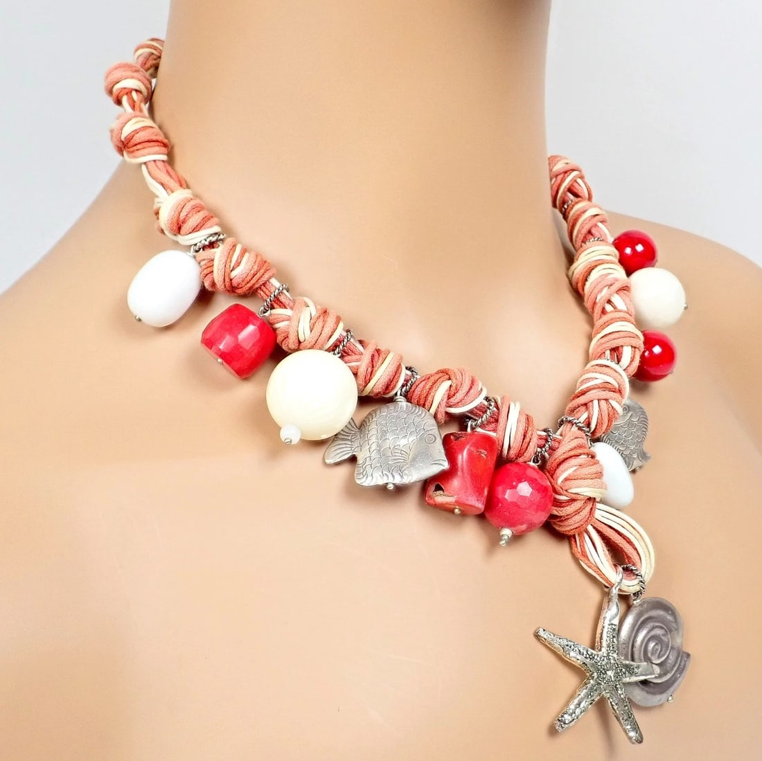 Rare! Vintage Mario Buccellati Free Time Silver Large Red Coral Fish Necklace - 3