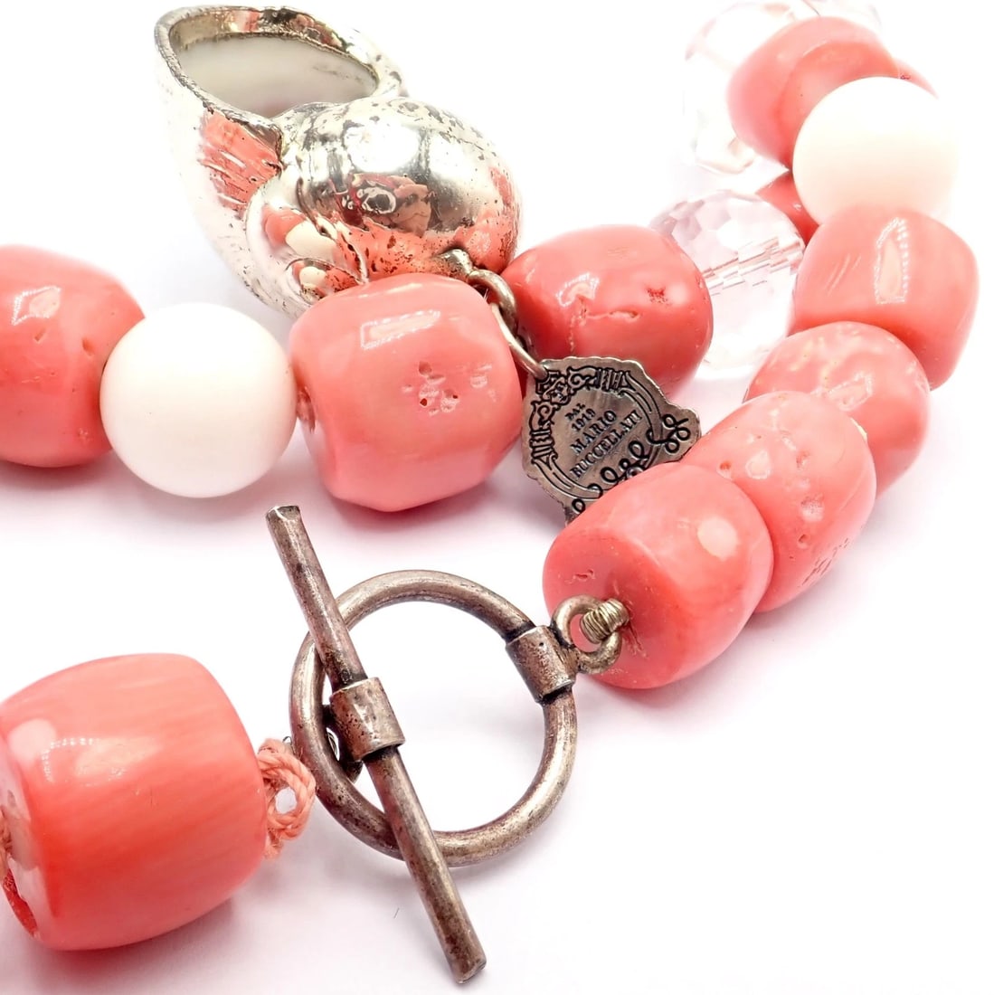 Rare! Vintage Mario Buccellati Free Time Silver Large Pink Coral Necklace 17.5" - 11