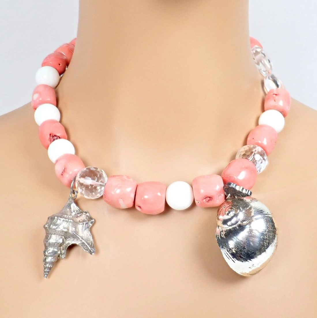 Rare! Vintage Mario Buccellati Free Time Silver Large Pink Coral Necklace 17.5" - 3