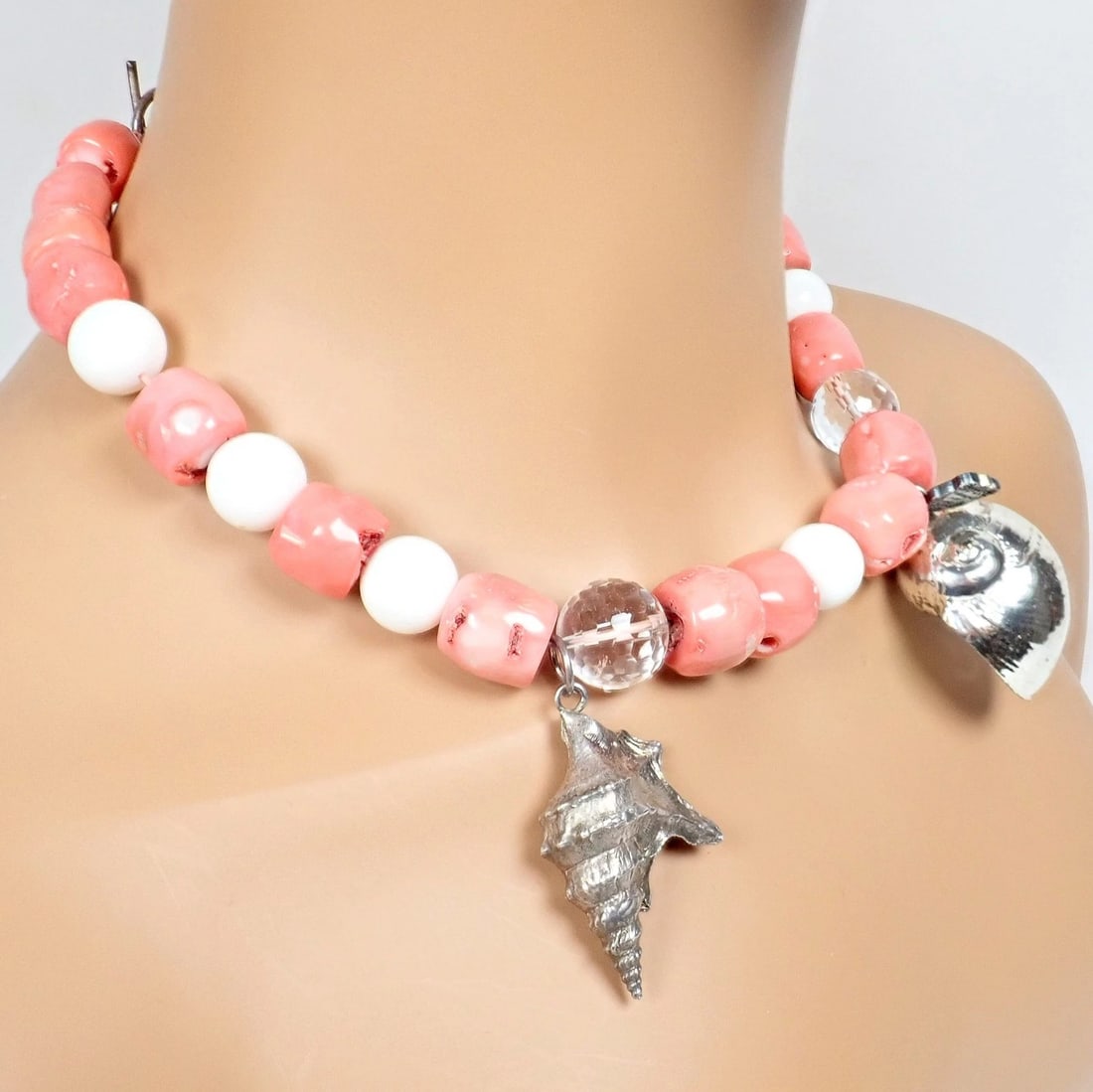 Rare! Vintage Mario Buccellati Free Time Silver Large Pink Coral Necklace 17.5" - 4