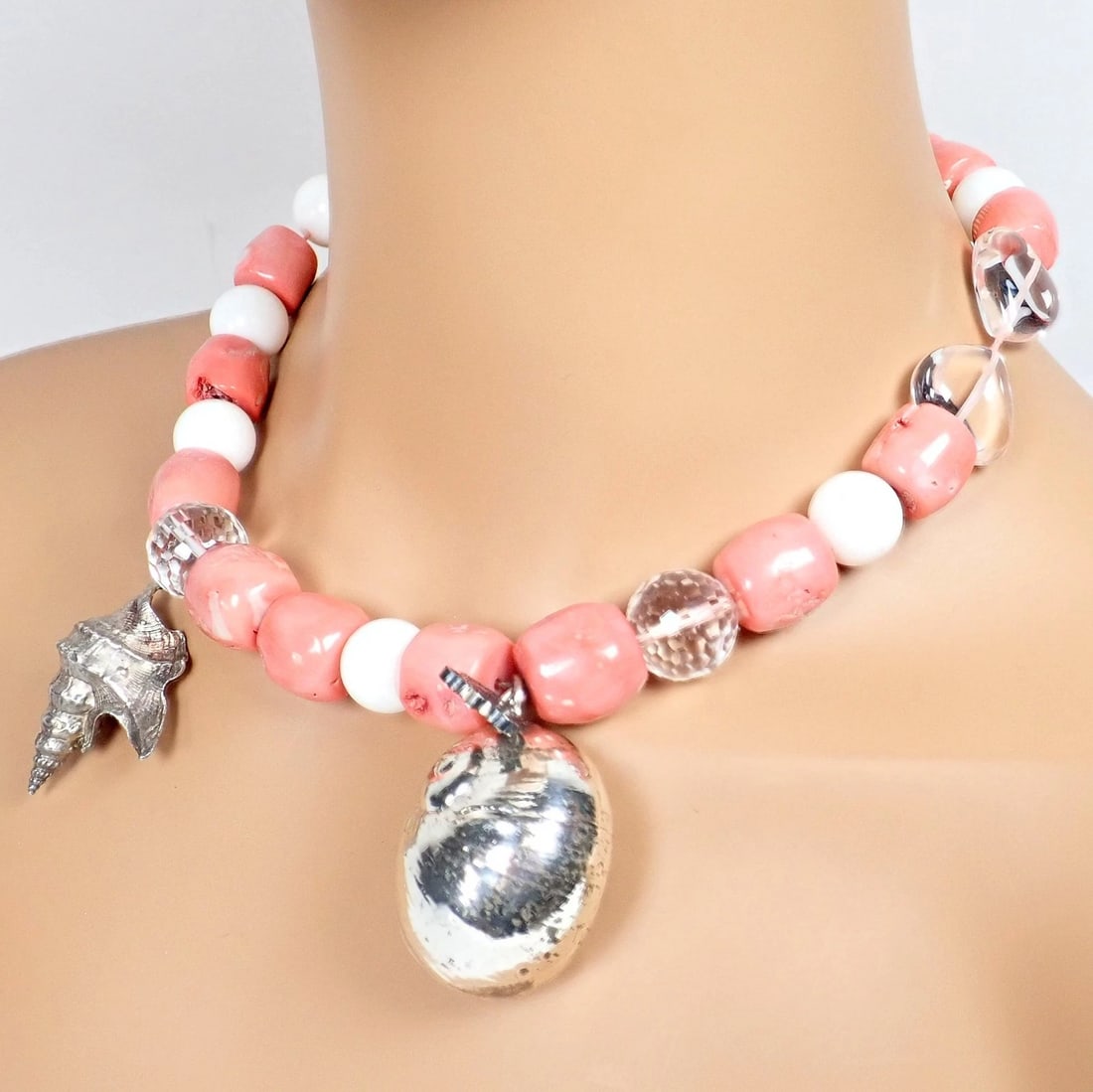 Rare! Vintage Mario Buccellati Free Time Silver Large Pink Coral Necklace 17.5" - 6