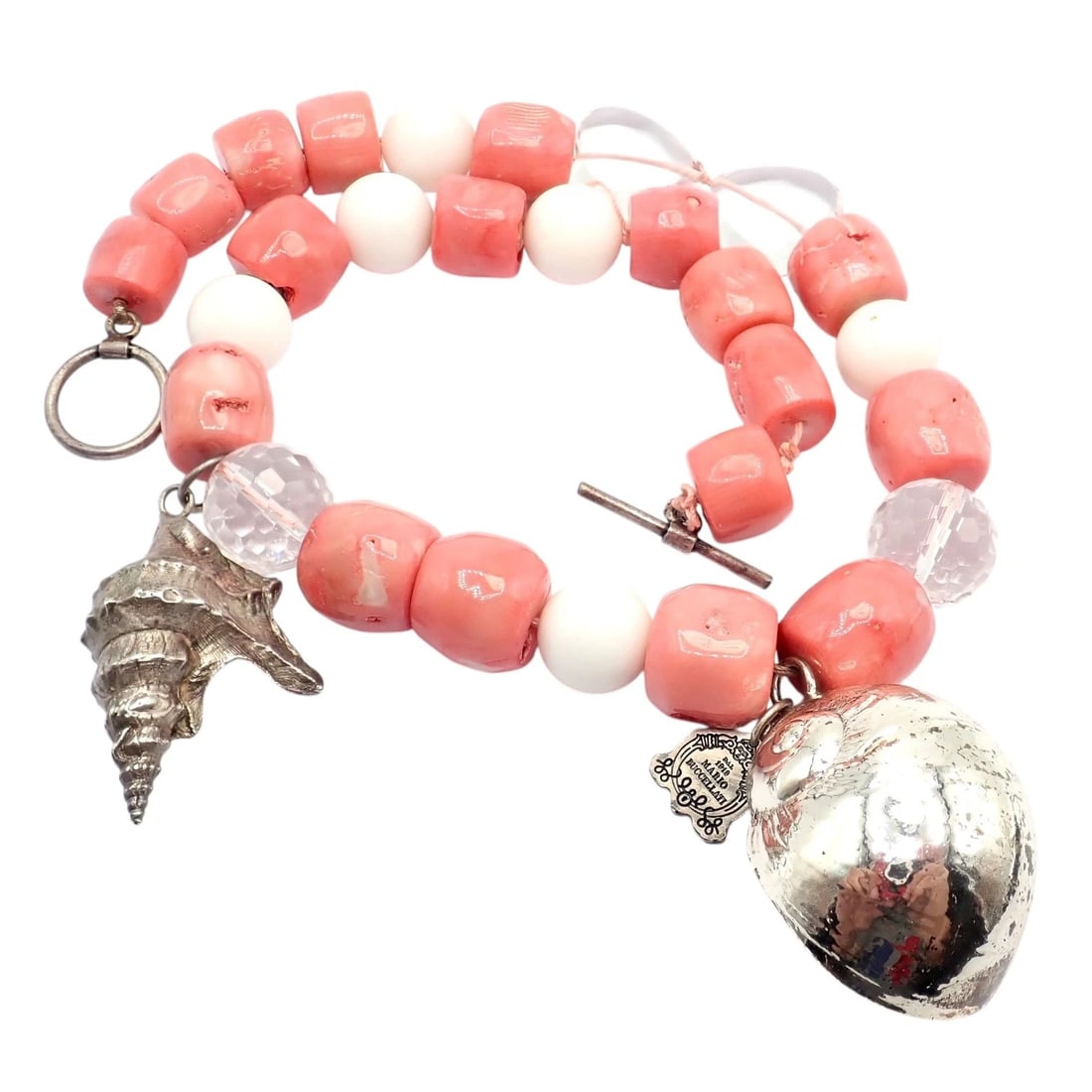 Rare! Vintage Mario Buccellati Free Time Silver Large Pink Coral Necklace 17.5" - 7