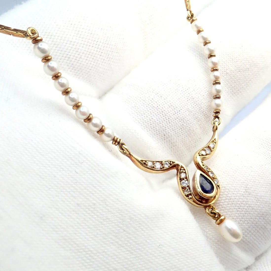 Rare Authentic H. Stern 18k Yellow Gold Diamond Sapphire Teardrop Pearl Necklace - 11