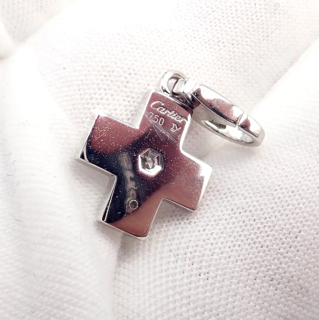 Authentic! Cartier 18k White Gold Diamond Small Cross Charm Pendant - 7