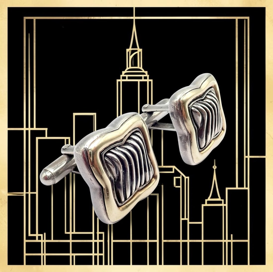 Authentic! David Yurman DY Silver 18k Yellow Gold Large Quatrefoil Cufflinks - 2