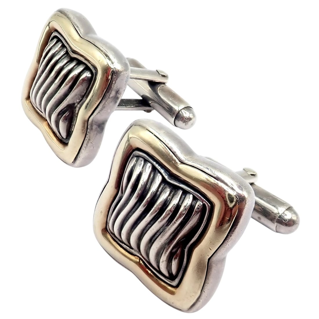Authentic! David Yurman DY Silver 18k Yellow Gold Large Quatrefoil Cufflinks - 6