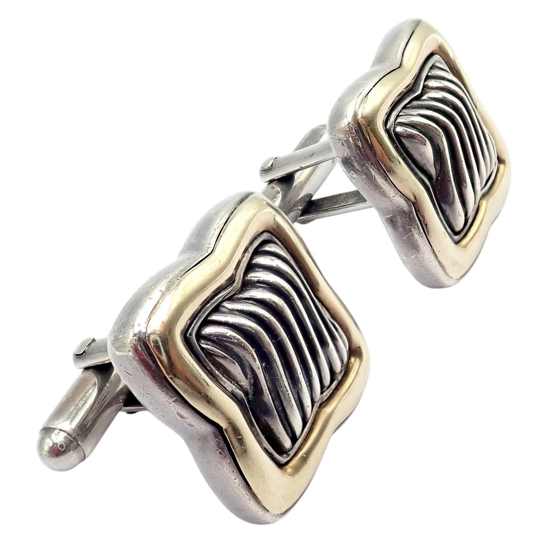 Authentic! David Yurman DY Silver 18k Yellow Gold Large Quatrefoil Cufflinks - 7