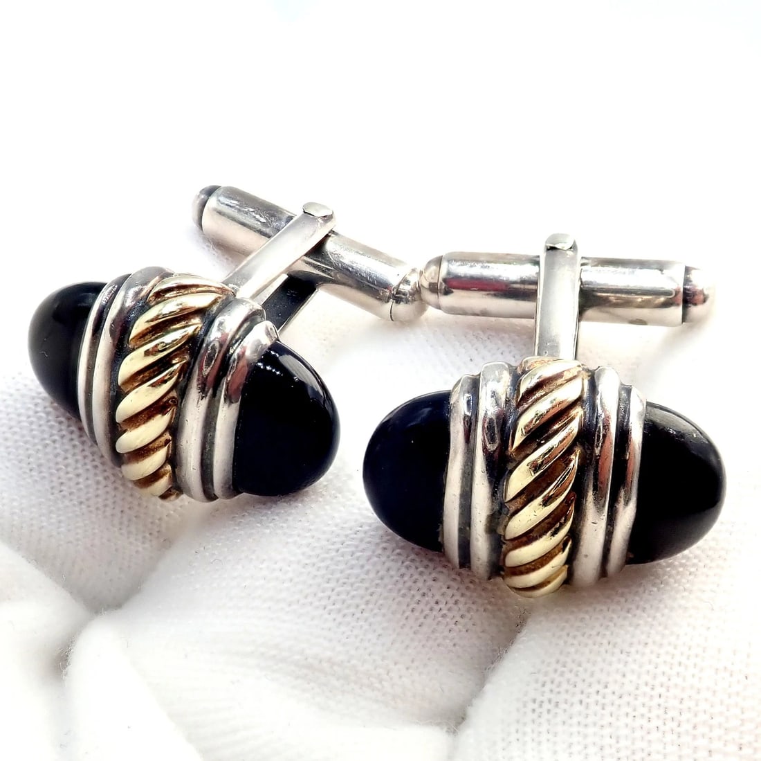 Authentic! David Yurman DY Silver 14k Yellow Gold Onyx Double Oval Cufflinks - 10
