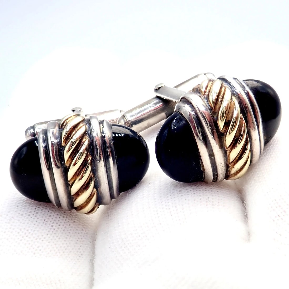 Authentic! David Yurman DY Silver 14k Yellow Gold Onyx Double Oval Cufflinks - 11