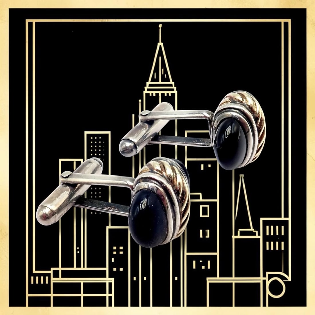 Authentic! David Yurman DY Silver 14k Yellow Gold Onyx Double Oval Cufflinks - 2