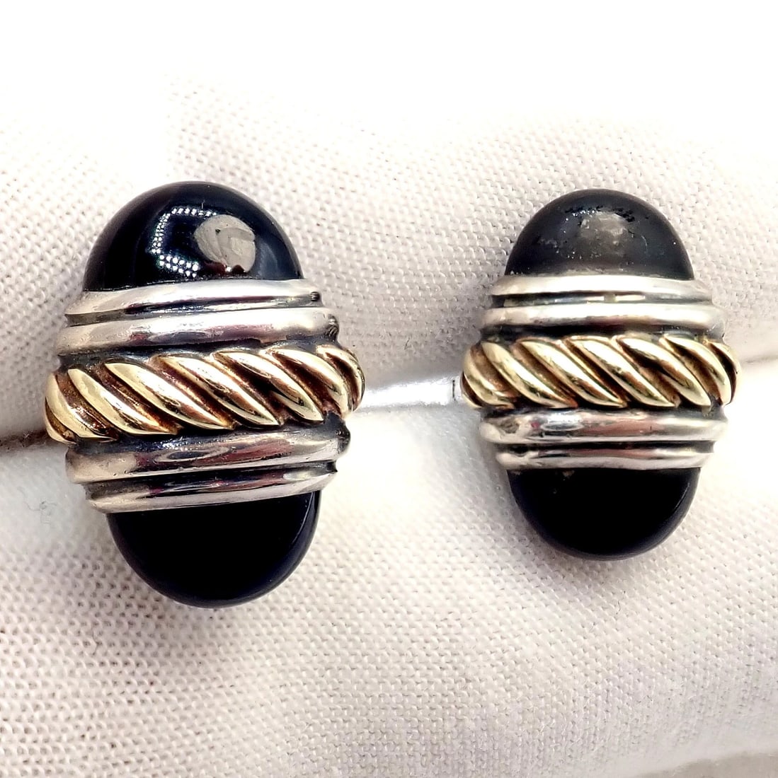 Authentic! David Yurman DY Silver 14k Yellow Gold Onyx Double Oval Cufflinks - 7