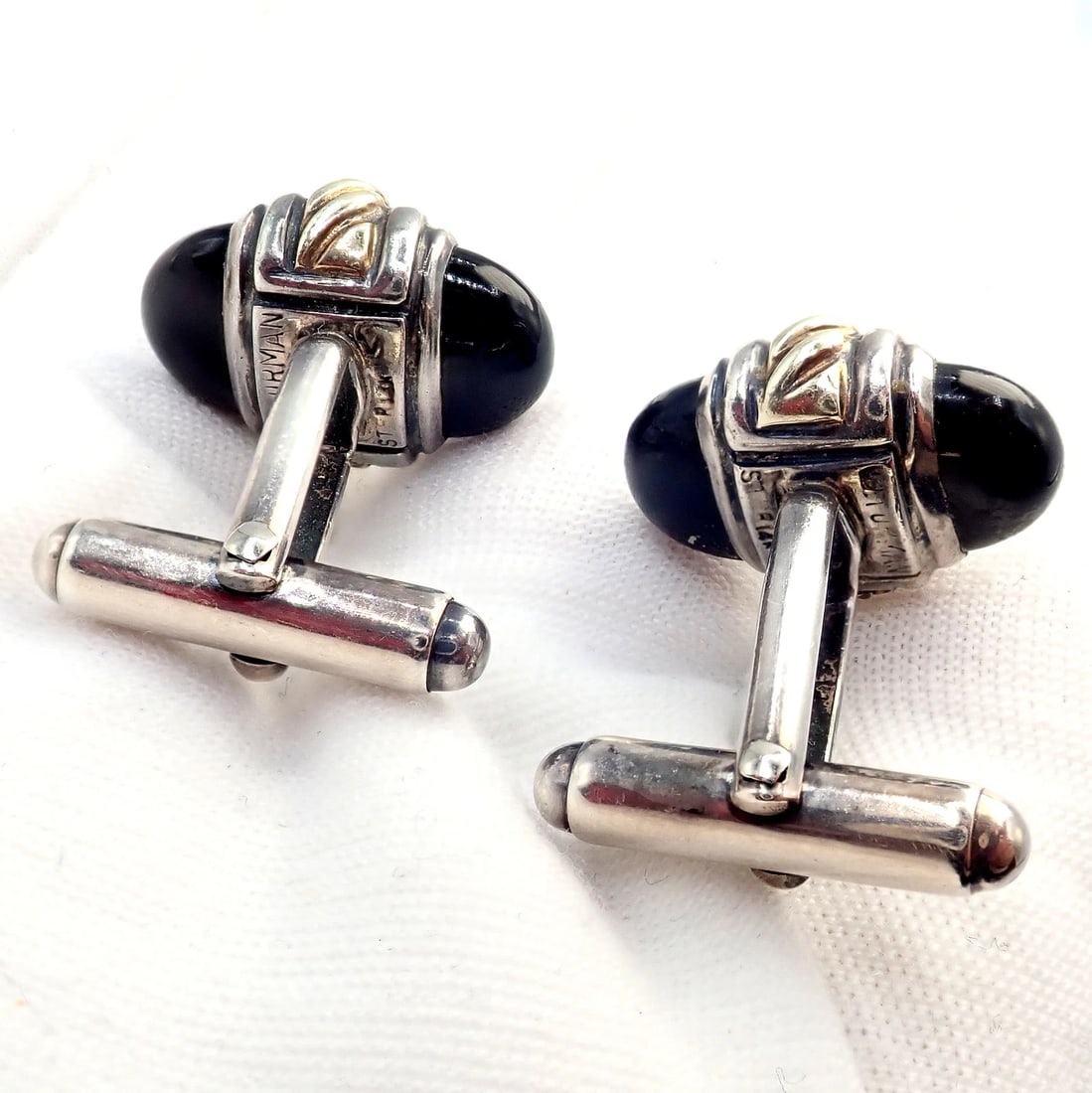 Authentic! David Yurman DY Silver 14k Yellow Gold Onyx Double Oval Cufflinks - 9