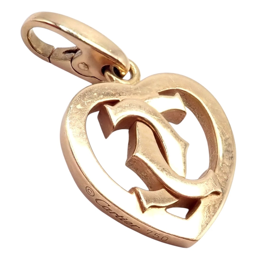Authentic! Cartier 18k Rose Gold Double C Logo Heart Charm Pendant - 5
