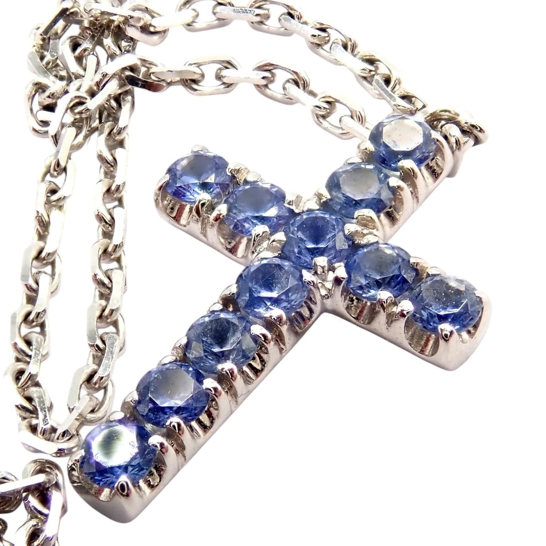 Authentic! Cartier 18k White Gold Sweet Cross Blue Sapphire Pendant Necklace - 9