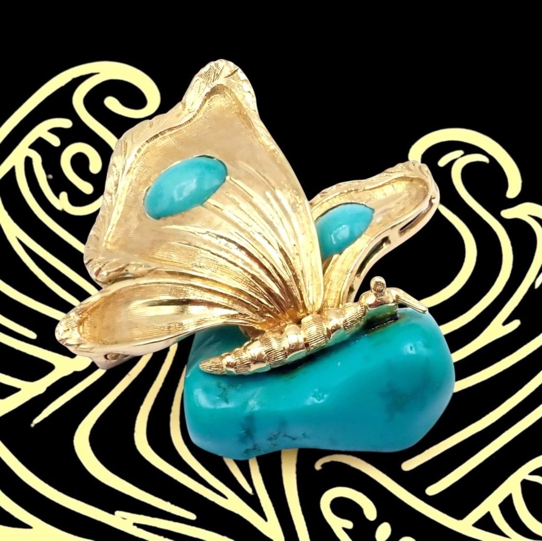 Vintage Tiffany & Co. 18k Yellow Gold Turquoise Butterfly On A Rock Pin Brooch - 2