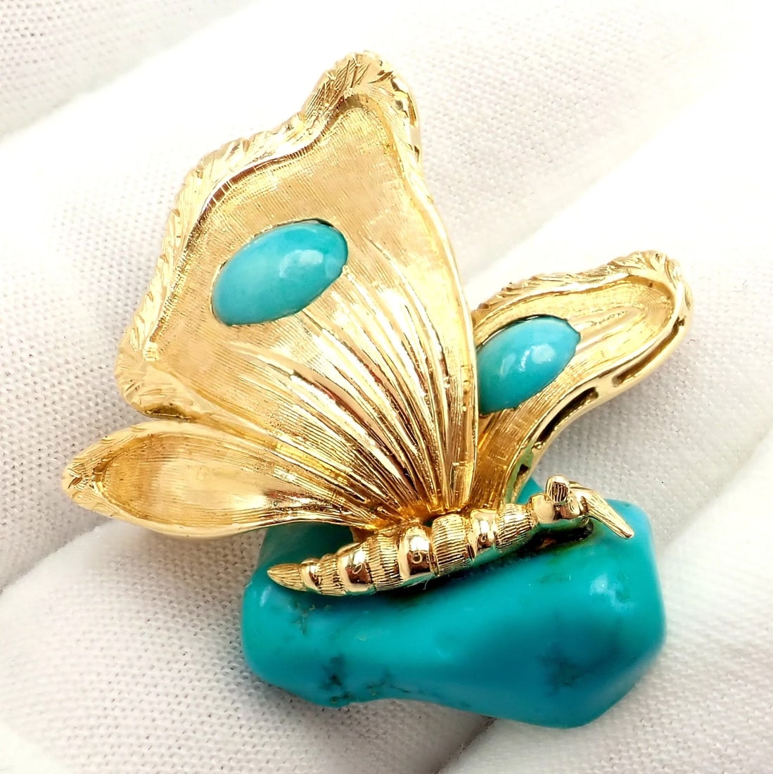 Vintage Tiffany & Co. 18k Yellow Gold Turquoise Butterfly On A Rock Pin Brooch - 6