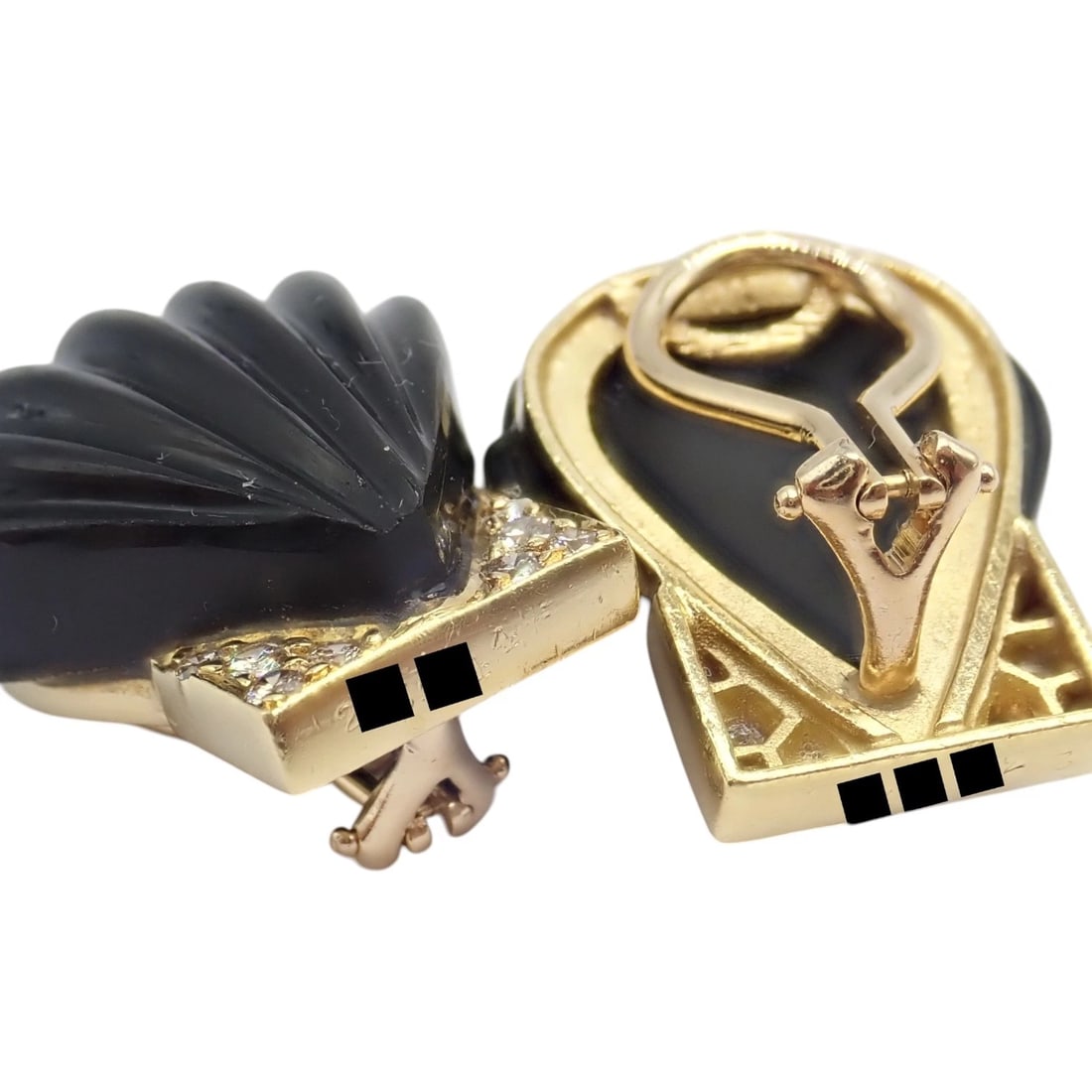 Vintage Estate Cartier Yellow Gold Diamond Onyx Shell Earrings - 3