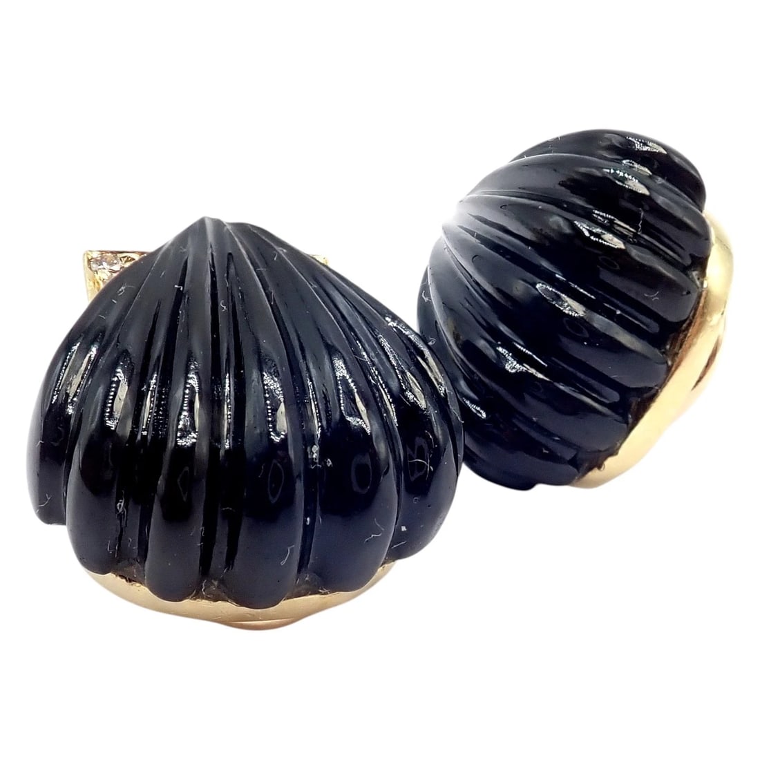 Vintage Estate Cartier Yellow Gold Diamond Onyx Shell Earrings - 4