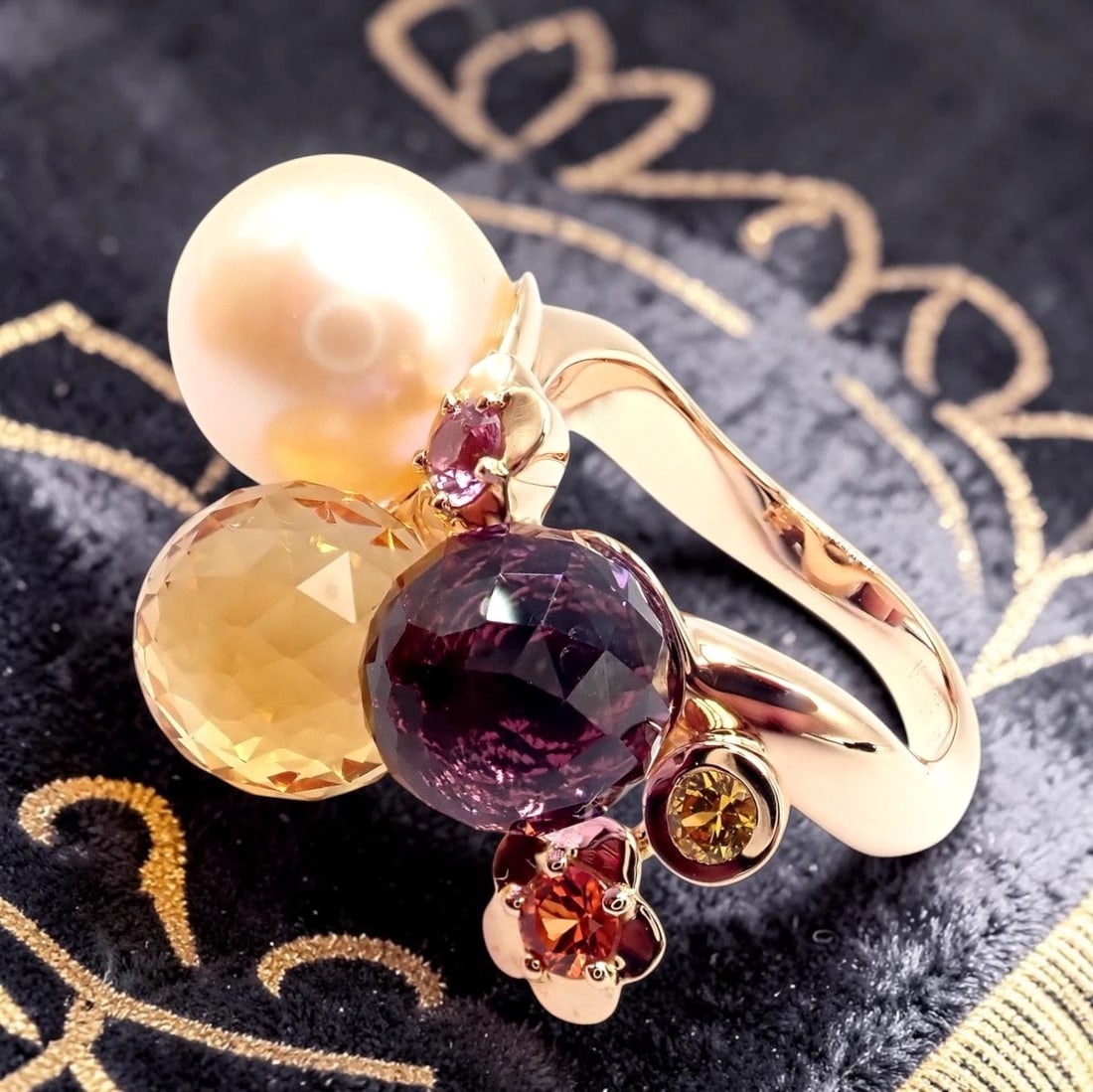 Chanel Mademoiselle 18k Rose Gold Diamond Amethyst Citrine Ring sz 5.75 - 2