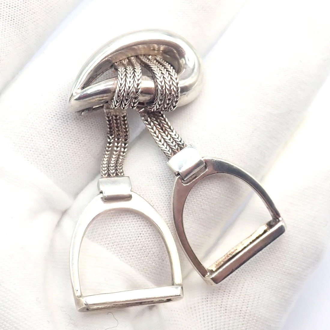 Authentic! Hermes Sterling Silver Double Stirrup Brooch Pin - 6