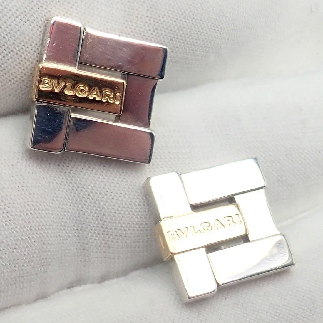 Authentic! Bulgari Bvlgari 18k Yellow Gold + Sterling Silver Square Cufflinks - 6