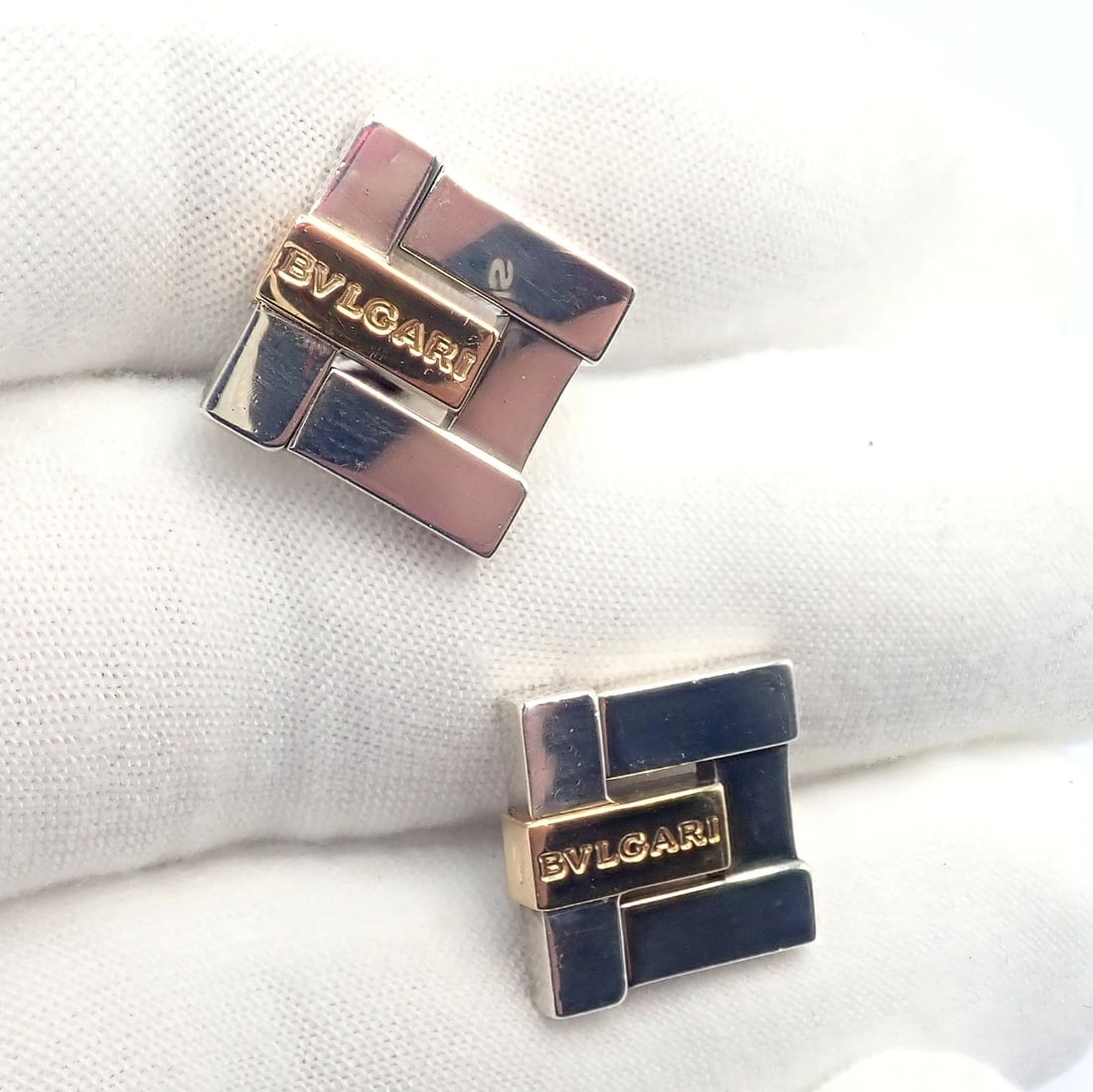 Authentic! Bulgari Bvlgari 18k Yellow Gold + Sterling Silver Square Cufflinks - 7
