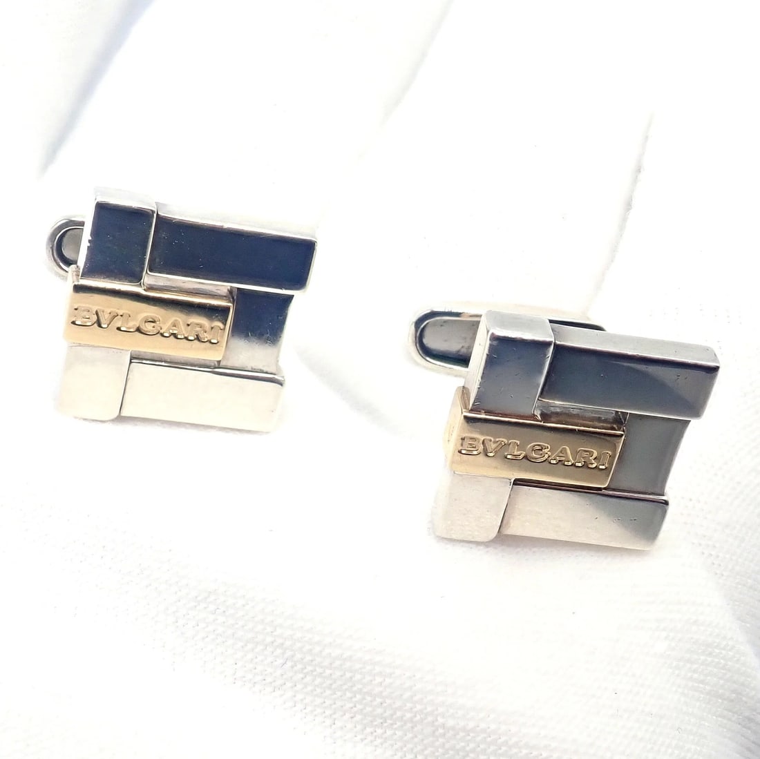 Authentic! Bulgari Bvlgari 18k Yellow Gold + Sterling Silver Square Cufflinks - 8