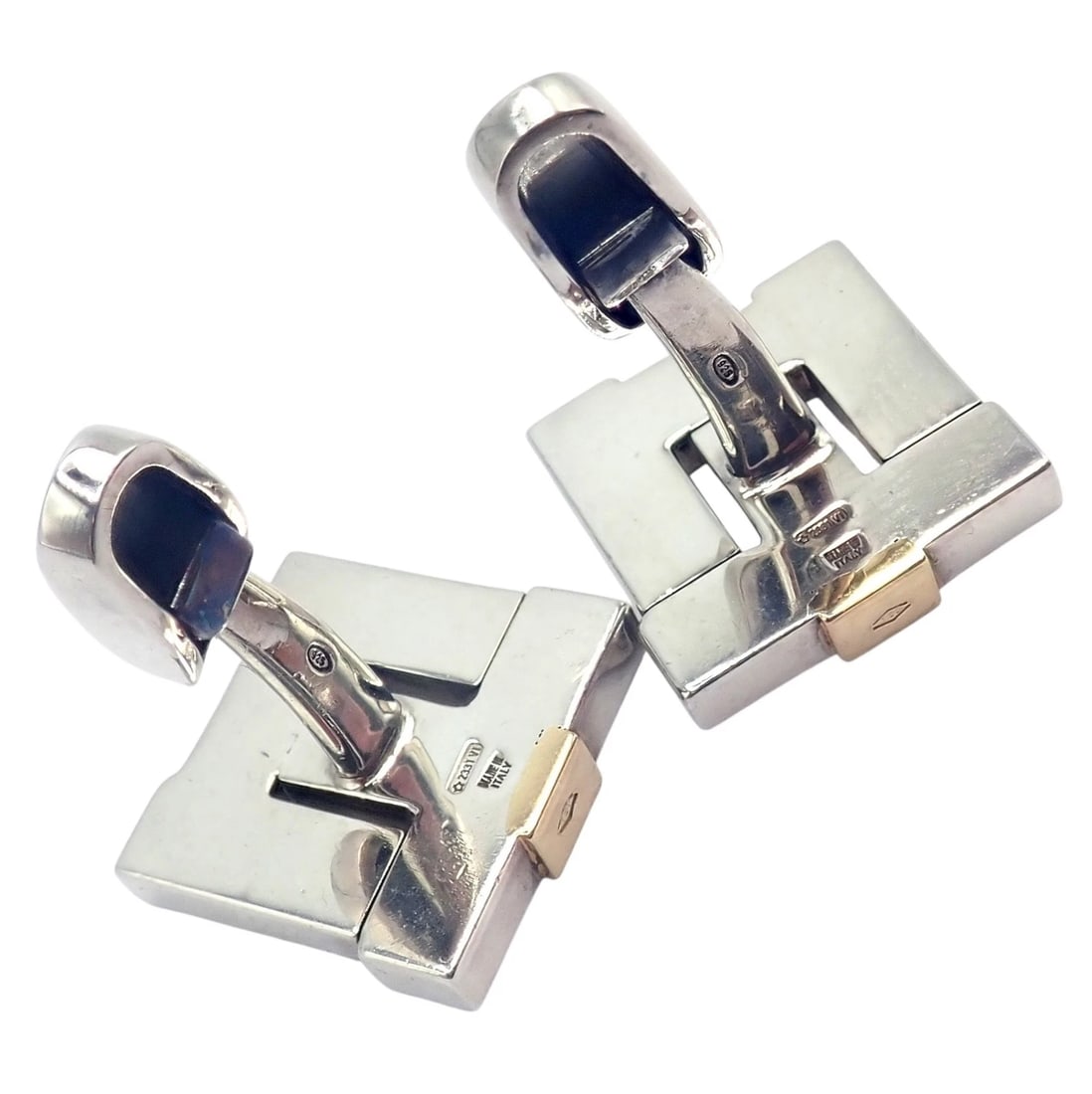 Authentic! Bulgari Bvlgari 18k Yellow Gold + Sterling Silver Square Cufflinks - 9