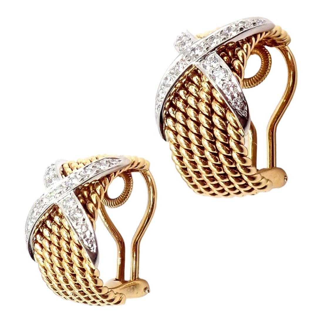 Tiffany & Co Schlumberger 18k Yellow Gold Platinum Diamond 6 Row Rope X Earrings - 3