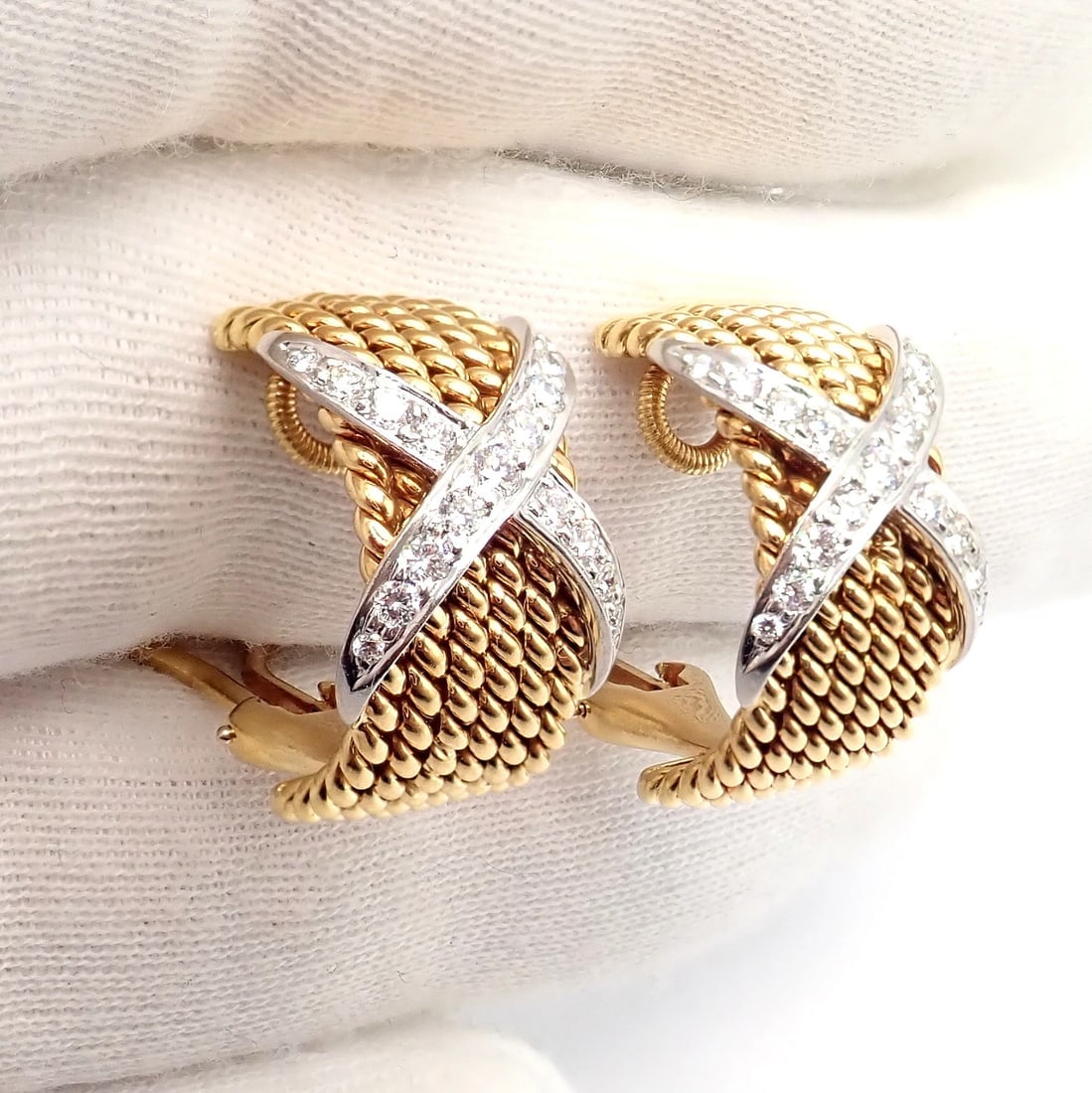 Tiffany & Co Schlumberger 18k Yellow Gold Platinum Diamond 6 Row Rope X Earrings - 5