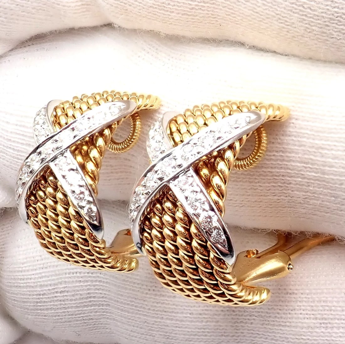 Tiffany & Co Schlumberger 18k Yellow Gold Platinum Diamond 6 Row Rope X Earrings - 6