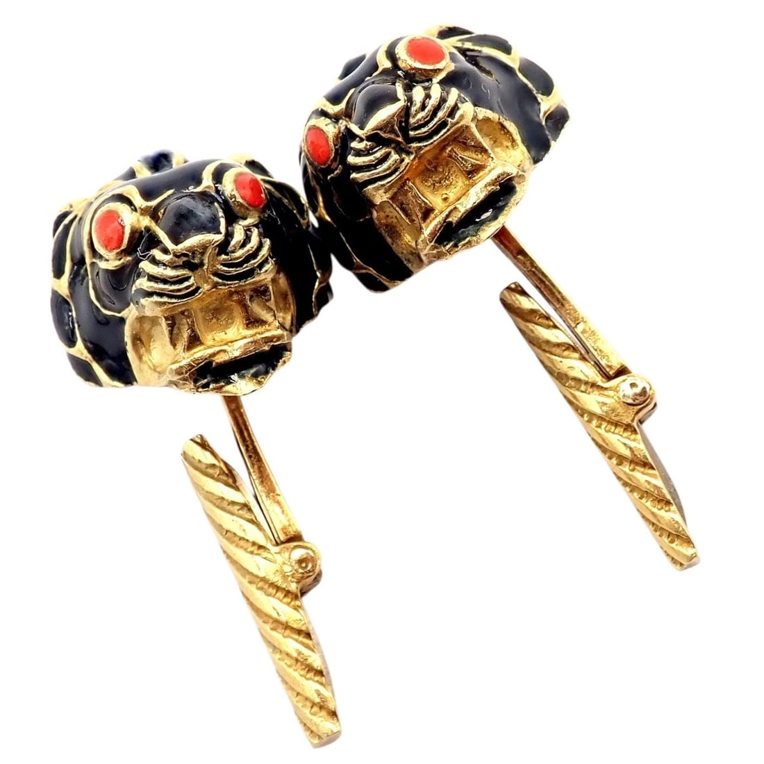 Vintage! David Webb 18k Yellow Gold Black Enamel Lion Cufflinks - 10
