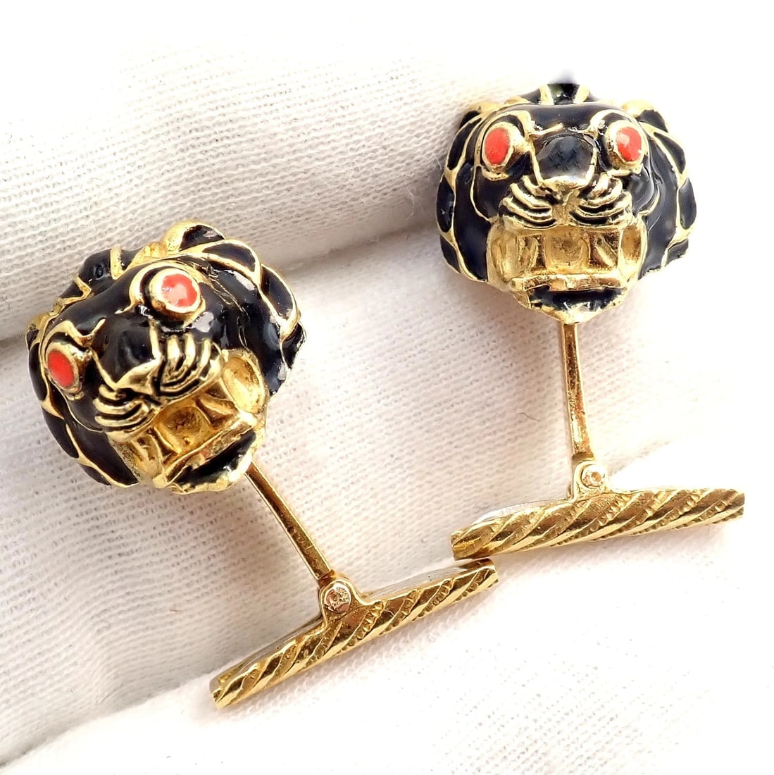 Vintage! David Webb 18k Yellow Gold Black Enamel Lion Cufflinks - 5