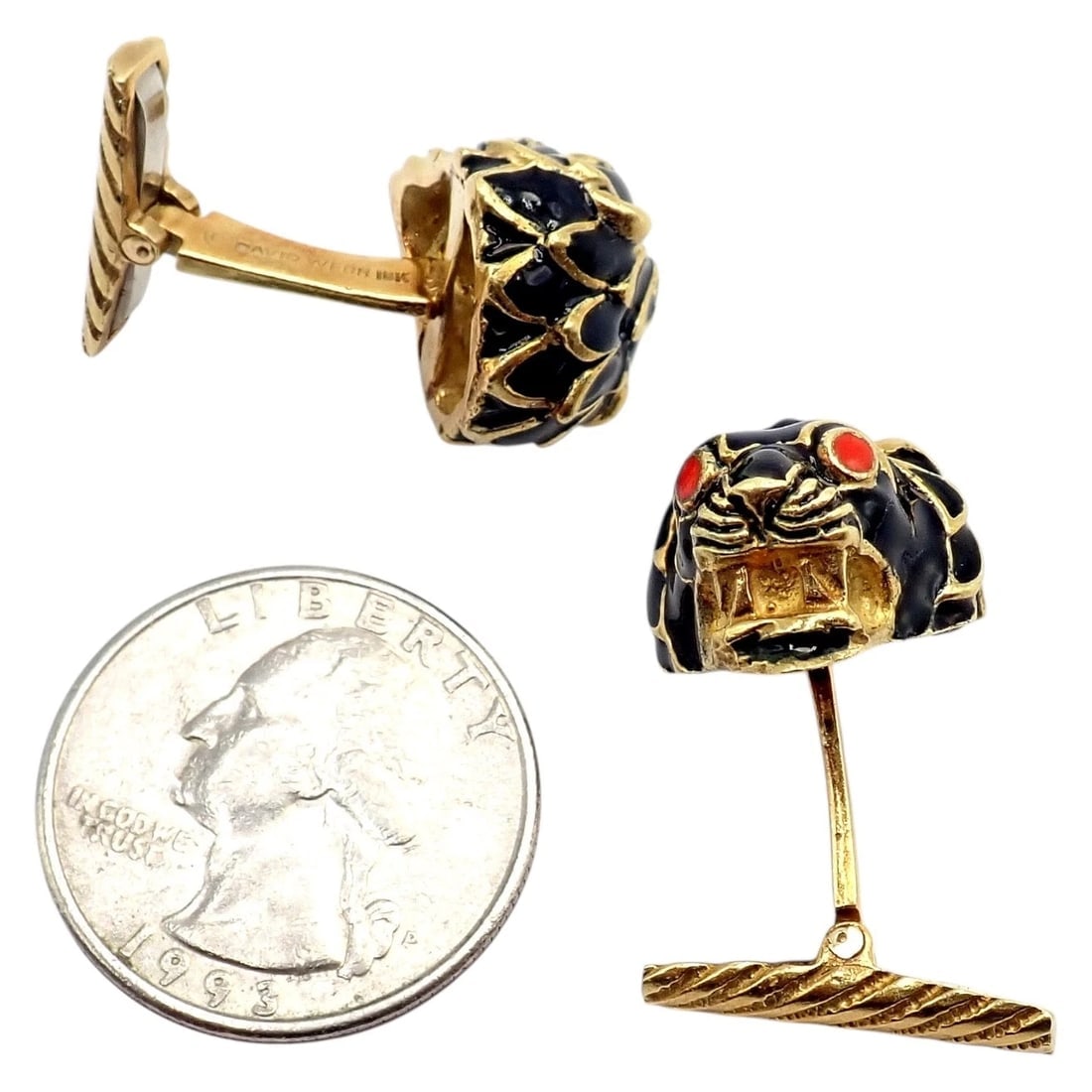 Vintage! David Webb 18k Yellow Gold Black Enamel Lion Cufflinks - 9
