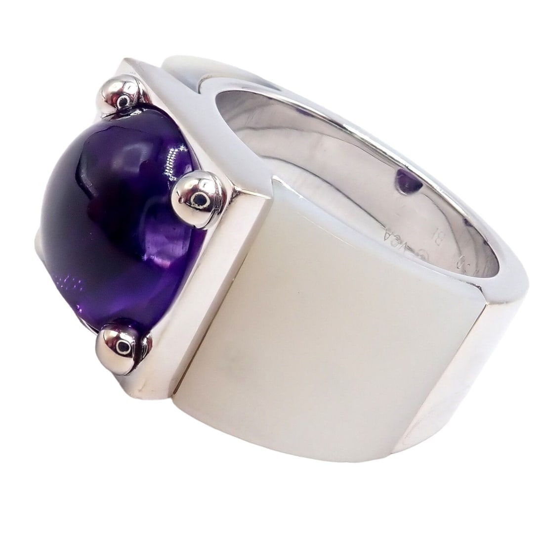 Rare! Authentic Van Cleef & Arpels 18k White Gold Amethyst Mother of Pearl Ring - 8