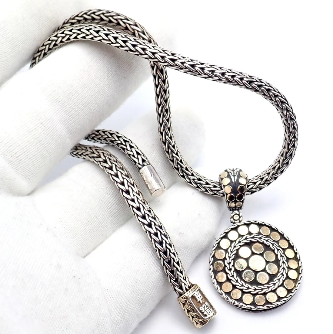 Authentic! John Hardy JH 18k Yellow Gold Silver Dot Pendant And Necklace - 3