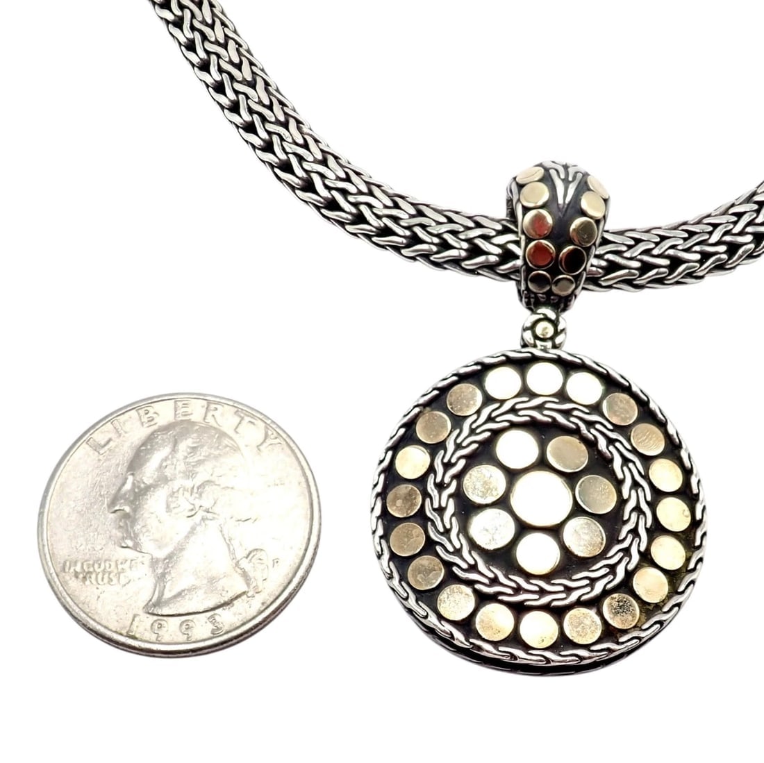 Authentic! John Hardy JH 18k Yellow Gold Silver Dot Pendant And Necklace - 4