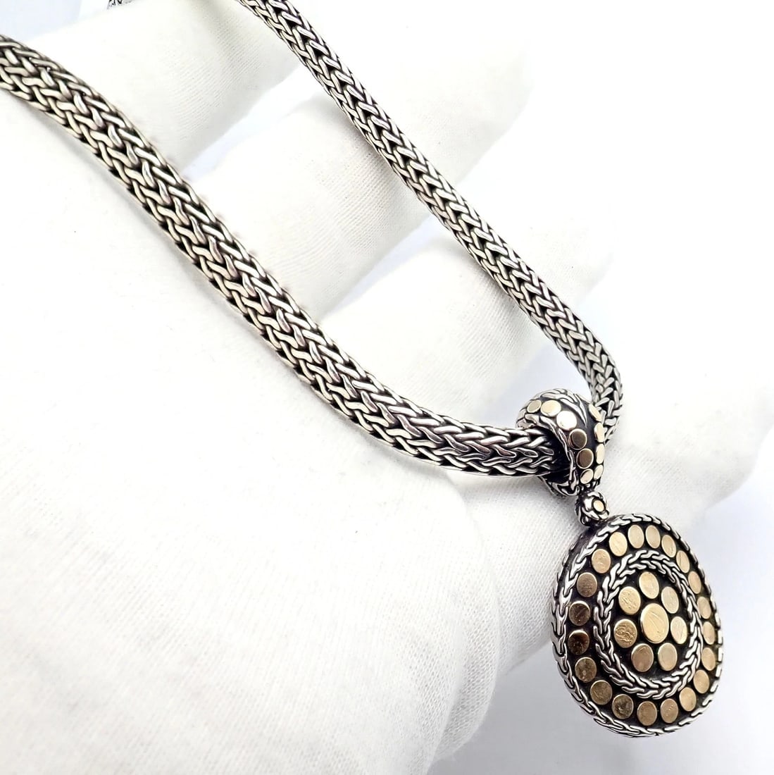 Authentic! John Hardy JH 18k Yellow Gold Silver Dot Pendant And Necklace - 5