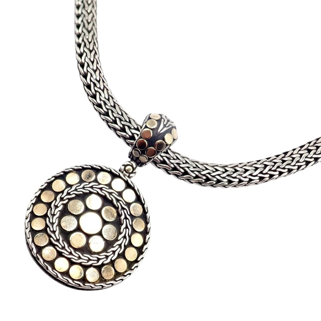 Authentic! John Hardy JH 18k Yellow Gold Silver Dot Pendant And Necklace - 9